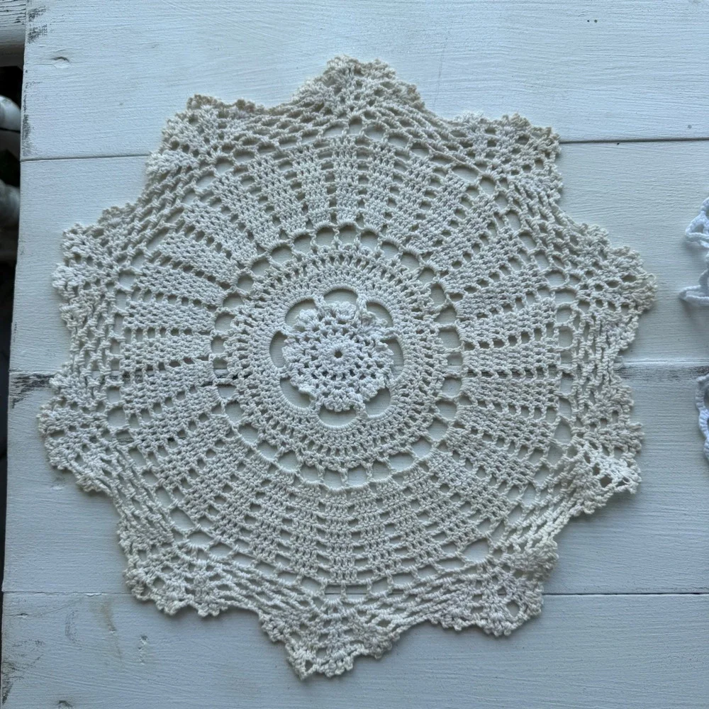 Vintage Handmade Crochet Doily Set White Cream Lace Table Decor 2pc